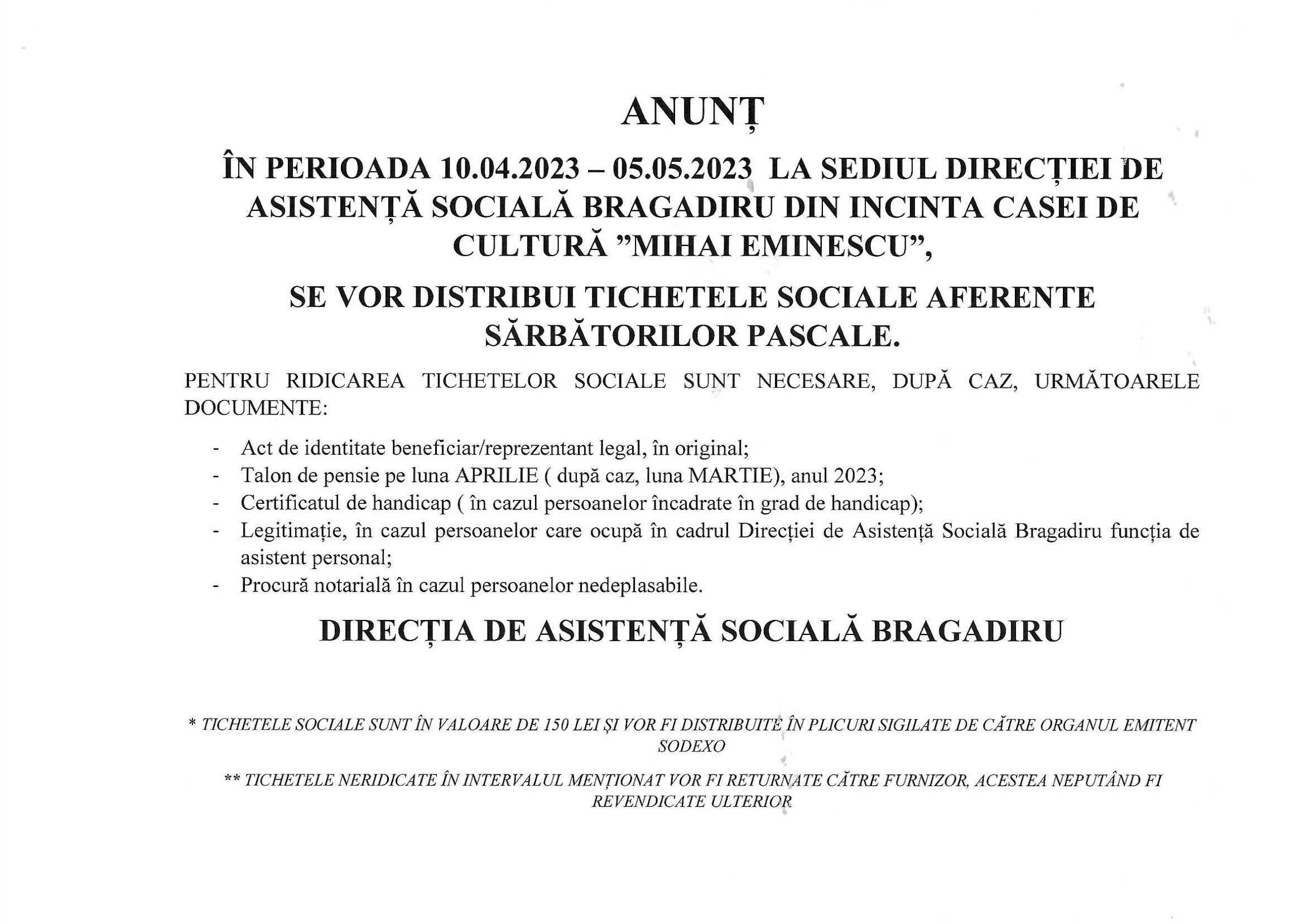 Anunt distribuire tichete sociale Paste 2023